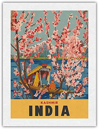 Keşmir Hindistan-Dal Gölü-Badem Çiçekleri-Vintage Seyahat Posteri c.1950-Premium Unryu Pirinç Kağıdı Sanat Baskısı 18 x 24