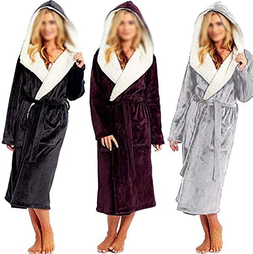 CUJUX Kış Peluş Uzatılmış Şal Yumuşak Bornoz Hood ıle Kadın Gecelik Ev Giysileri Sıcak Banyo Bornozlar Sabahlık Robe Coat (Renk: