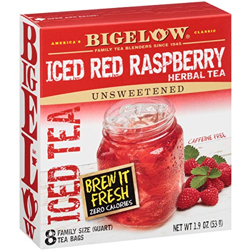 Bigelow Kırmızı Ahududu Quart boyutu Buzlu Bitkisel Çay Poşetleri, 8 Sayım Kutusu (6'lı Paket), Toplam 48 Kafeinsiz Çay Poşeti
