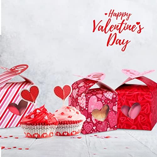 Fovths 24 Paket sevgililer Günü Mini Cupcake Kutuları Şeker Kutuları Hediye Kutuları PVC Kalp Pencereleri Kalp Etiketleri ve