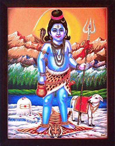 El Sanatları Mağazası Shiva, Hindu Dini İbadet Amaçlı Çerçeveli Bir Poster Resmi olan Nandi ile Shivling'in Yanında Duruyor