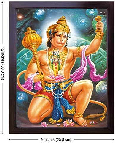 Elinde Rab Ram Heykeli Tutan Hanuman, İbadet Amaçlı Çerçeveli Kutsal bir Hindu Dini Poster Tablosu