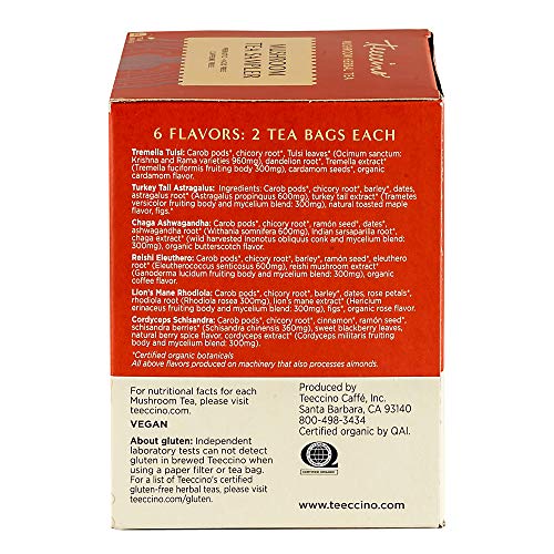 Teeccino Mantar Bitki Çayı - Mantar Adaptojen Çay Örnekleyici-Mantar ve Adaptojenik Otlar, Prebiyotik, Kafeinsiz, Asitsiz,