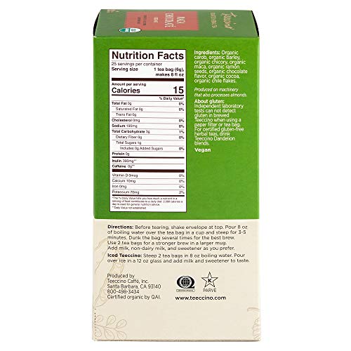 Teeccino Bitkisel Çay - Maca Çikolatası – Adaptojenik Perulu Maca, Kakao, Hindiba, Prebiyotik, Kafeinsiz, Asitsiz, Kahve Alternatifi,