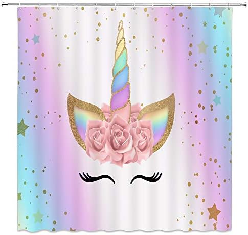 AMFD Unicorn Duş Perdesi Gökkuşağı Sihirli Kafa Gül Çiçek Romantik Sevimli Kız Bebek Çocuk Pembe Karikatür Banyo Perdeleri