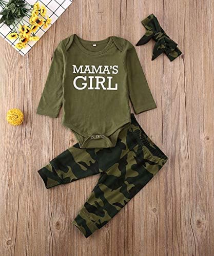 Yenidoğan Bebek Kız Giysileri Anne Atasözü Üst Baskılı Bodysuits Kamuflaj Pantolon + Şapka Romper Kıyafet Seti