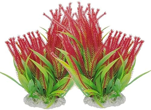 EuisdanAA Aquarium Ceramic Base Plastic Plants, 7.7-Inch, Green/Red( Plantas de plástico con Base de cerámica para acuario,