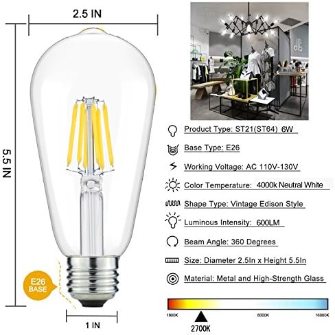 Kısılabilir 6W LED Edison Ampul 4000k (Gün Işığı Beyazı) 600LM, 60W Eşdeğer E26 Orta Taban, ST64 (ST21) Vintage LED Filament