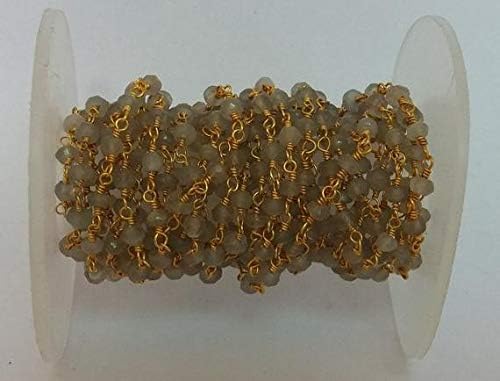 GemAbyss Boncuk Değerli Taş 3 Ayak Gri Aytaşı Boncuklu Zincir-Gümüş Tel veya Altın Kaplama Tel Sarılı Zincir Üzerinde Altın-Tespih