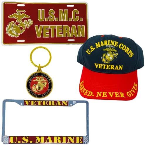 Deniz Piyadeleri Hediye Seti: Plaka Kapaklı USMC Plaka Çerçevesi, Marines Veteran Şapka, USMC araba Çıkartmaları ve Anahtarlık