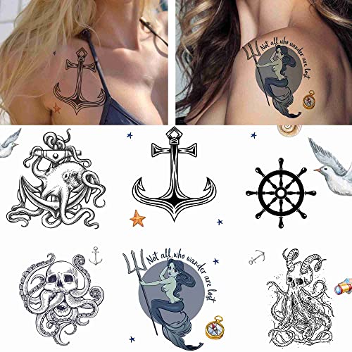 24 levhalar Geçici Dövmeler Mermaid Çapa Ahtapot Okyanus Mavi Balina Deniz Balığı Sahte Sticker Dövme Kadın Yetişkinler için