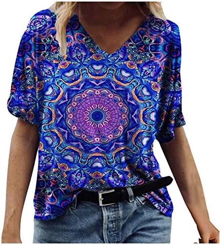 Yaz Kadın moda baskılı kısa kollu V yaka T-Shirt Casual Tee Tops gevşek Fit tunikler bluz kazak