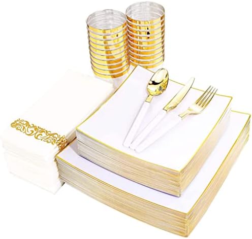 DİAOD 50 Parça Sofra Beyaz Kare İle Altın Jant Plastik Plaka İle Gümüş Düğün Parti Malzemeleri (Renk: A)