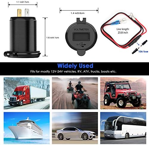 Hızlı Şarj 3.0 Çift USB şarj Soketi, SunnyTrip Su Geçirmez Alüminyum Güç Çıkışı Hızlı Şarj ile LED Voltmetre ve Tel Sigorta