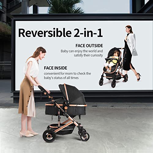 Beşik Bebek Arabası Yenidoğan ve Bebek için-Uyku ve Oturma Modu Cabrio-2-in-1 Yüksek Peyzaj Toddler Strollers (Siyah)