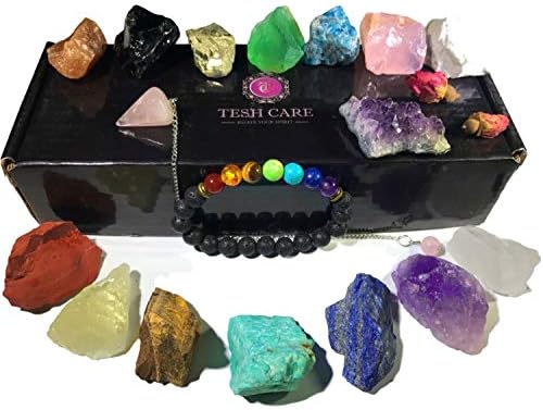 Tesh Bakım Çakra Terapi Başlangıç Koleksiyonu 17 adet Şifa Kristaller kiti, 7 Ham Çakra Taşlar, 7 Renkli Taşlar, Ametist, Gül