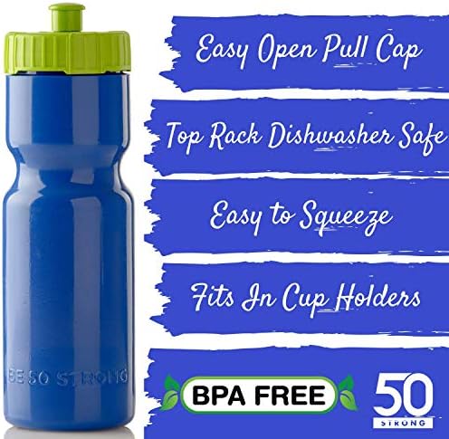 50 Güçlü Spor Sıkmak Su Şişesi 2 Paket-22 oz. BPA Ücretsiz Kolay Açık İtme/Çekme Kapağı – ABD Yapımı (Mavi / Kireç)