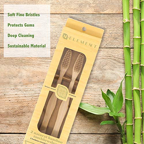 N'ELEMENT: Doğal Biyobozunur Bambu Diş Fırçası, Erkekler ve Kadınlar, Çevre Dostu BPA İçermeyen Yumuşak Kıllar (4 Paket)