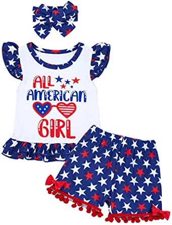 4th Temmuz Toddler Bebek Kız Kıyafet Yıldız Kısa Tops + Şerit Kısa Pantolon + Kafa Bandı 3 Adet