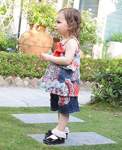 Toddler Kız Giysileri Bohemian Cami Yay Fırfır Çiçek Üstleri + Yama Denim Şort Sevimli Bebek Kız Yaz Kıyafetler Set