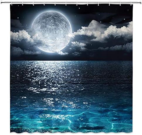 AMFD Ay Duş Perdesi Dolunay Üzerinde Deniz Okyanus Bulutlar Gezegen Yıldız Gökyüzü Rüya Gece Sahne Siyah Kırmızı Banyo Perdeleri