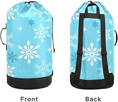 Mavi Kar Tanesi Yaprakları Noel Çamaşır Torbası Sırt Çantası Ağır çamaşır torbası Omuz Askıları ile Seyahat çamaşır torbası