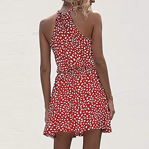 Kadın Casual Halter boyun kolsuz çiçek Mini elbise fırfır kemer Boho güneş kısa elbise plaj Sundress