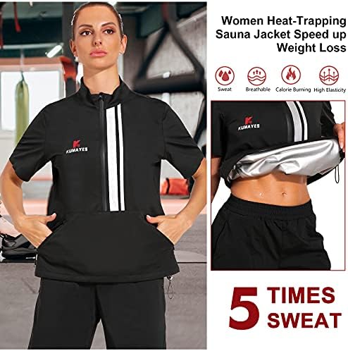 KUMAYES Sauna Takım Elbise Kadın Ter Sauna Ceket Spor Egzersiz Bel Eğitmen Tankı Üstleri Şekillendirici Fermuar Kısa Kollu
