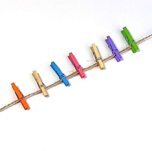 Mini Doğal Ahşap Clothespins ile Jüt Sicim, 250 pcs, 1 İnç Fotoğraf Kağıdı Peg Pin Craft Klipler ile 66ft Doğal Sicim için