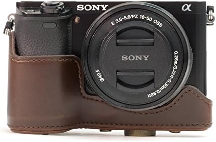 MegaGear Ever Ready Koruyucu Deri Kamera Çantası, Sony Alpha a5000 için Çanta, 16-50mm OSS Lensli Sony a5100 (Koyu Kahverengi)