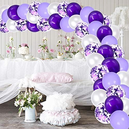 Beyaz Mor Konfeti Lateks Balonlar, 50 adet 12 inç Helyum Parti Balon ile 33 Ft Mor Kurdele için Doğum Günü, kız Bebek Duş,