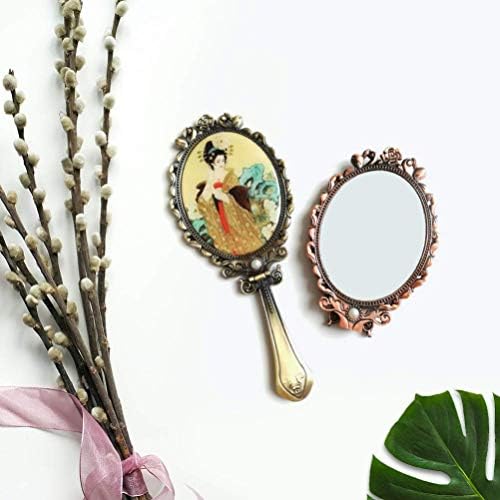 Makyaj aynası, Vintage Kolu Ayna El makyaj aynası Oval Taşınabilir Kabartmalı Çiçek Kişisel Vanity Makyaj Aracı Güzellik Salonu
