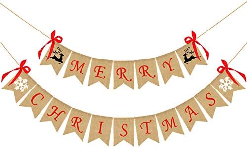 Merry Christmas Banner-Çuval Bezi ile 4 Kırmızı Yaylar Noel Süslemeleri, benzersiz El - Dikili Noel Dekor, büyük Firepalce