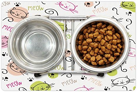 Lunarable Kedi Lover Pet Mat Gıda ve Su için, Karikatür Pençeleri ile Curvy Hatları Miyav Doodle Tarzı Yapıt, Dikdörtgen Kaymaz