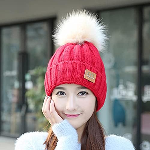 AOOF Moda Kadın Kış Kayak Örgü Bere Şapka Kalınlaşmak Rüzgar Geçirmez Kafatası Kap Yün Topu ile. (Renk: Kırmızı)