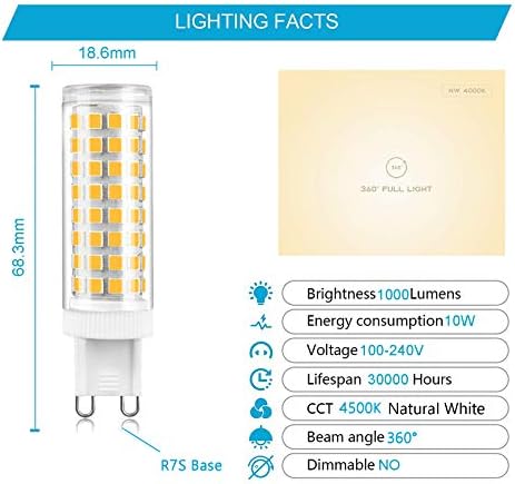 4 G9 10W LED Lambalar, 4500K LED Lambalar, 100 LED 2835 SMD, 100W Halojen Lambalar Eşdeğeri, 1000LM, AC 100-240V, Işın Açısı