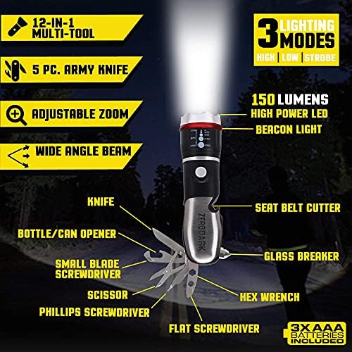 ZeroDark LED el Feneri Paslanmaz Çelik 5 Parça Cep Ordu Bıçak Taktik Multitool İle Emniyet Kemeri Kesici, pencere camı Kesici