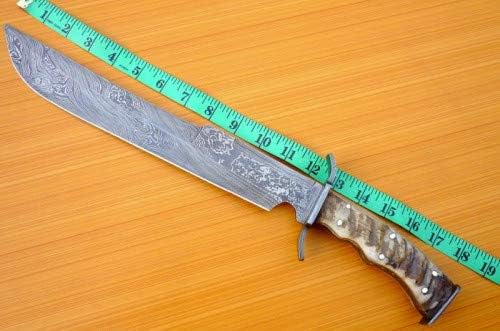 Şam Çelik Özel El Yapımı 19 Koç Boynuzu Kolu Sabit Bıçak Bowie Bıçak İle Deri Kılıf