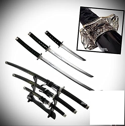 3 adet Set 40 Ejderha Siyah Katana Kılıç Karbon W/Standı Tahsil Samurai