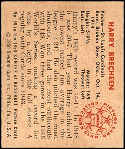 1950 Bowman 90 Harry Brecheen St. Louis Kardinaller (Beyzbol Kartı) ESKİ / MT Kardinaller