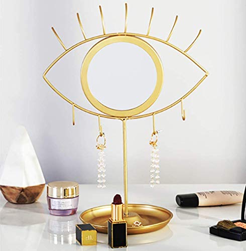 Makyaj Aynası, Takı Tepsisi ve Küpeler ve Aksesuar Tutacağı ile Altın Göz Kozmetik Dekoratif Makyaj Aynası