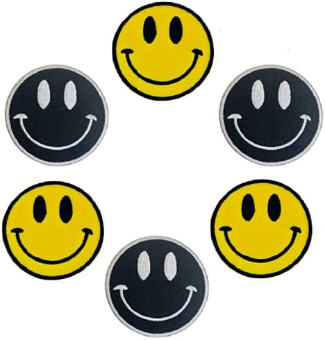 XOmise Lot 6 adet Siyah ve Sarı Gülümseme Yüz Büyük Gözler Retro Hippi DIY Demir on İşlemeli Yamalar