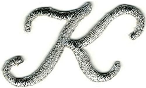 1 1/8 Fantezi Metalik Gümüş Komut Cursive Alfabe Mektup K Işlemeli Demir on Patch Dikmek için Giyim Aplike için Ceketler, şapka,